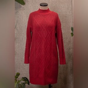 Red Sweater Cable Knit Turtle Neck Dress